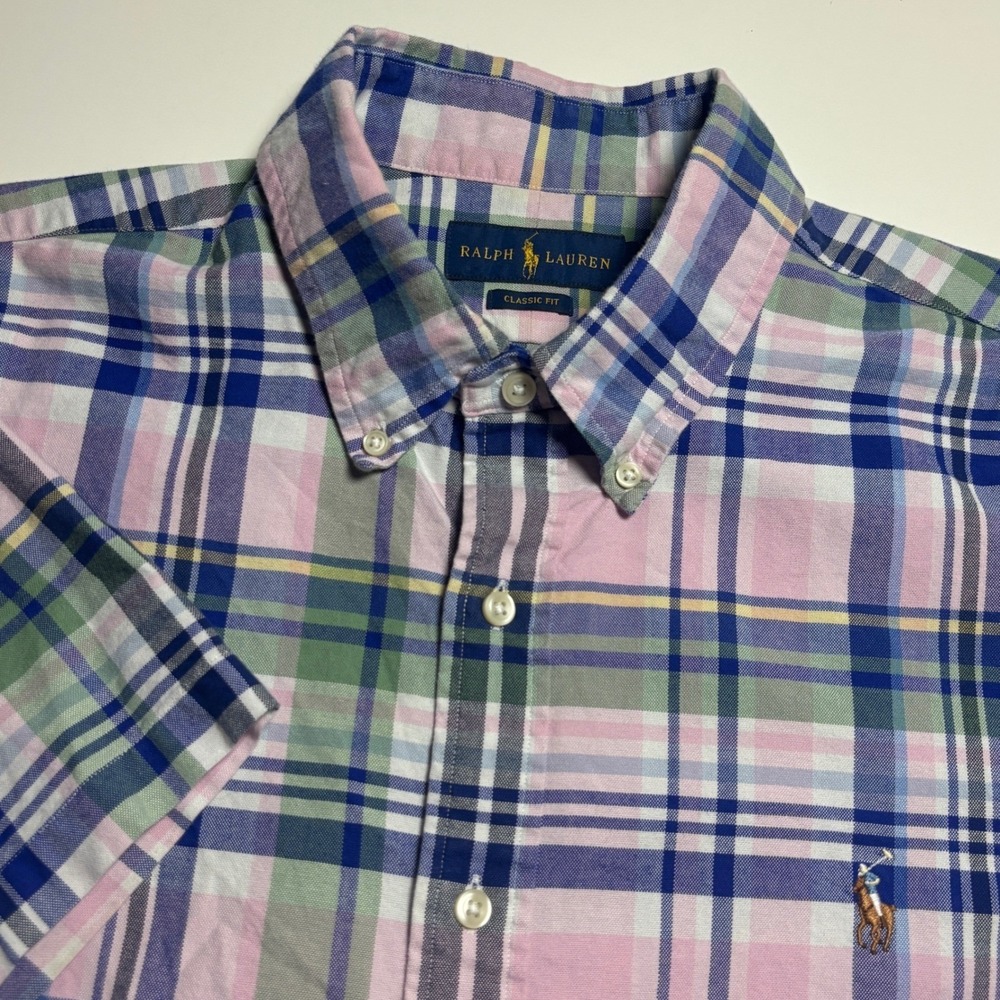 Ralph Lauren Classic Fit Oxford Plaid Men XL Pink Short Sleeve Button Down Shirt